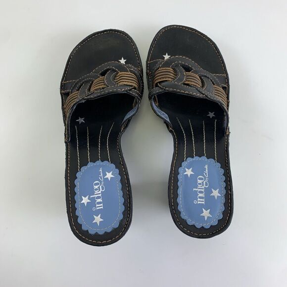 Indigo By Clarks Slide Heel Sandal Black Brown Leather Chunky Woven Womens 7 - Picture 6 of 12